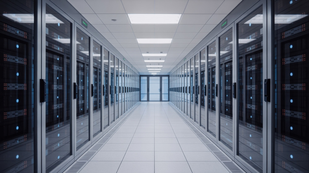 A Data Centre With Rows Of Server Racks And Network