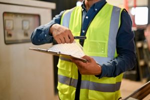 Facilities manager conducting regulatory compliance inspection in a commercial building